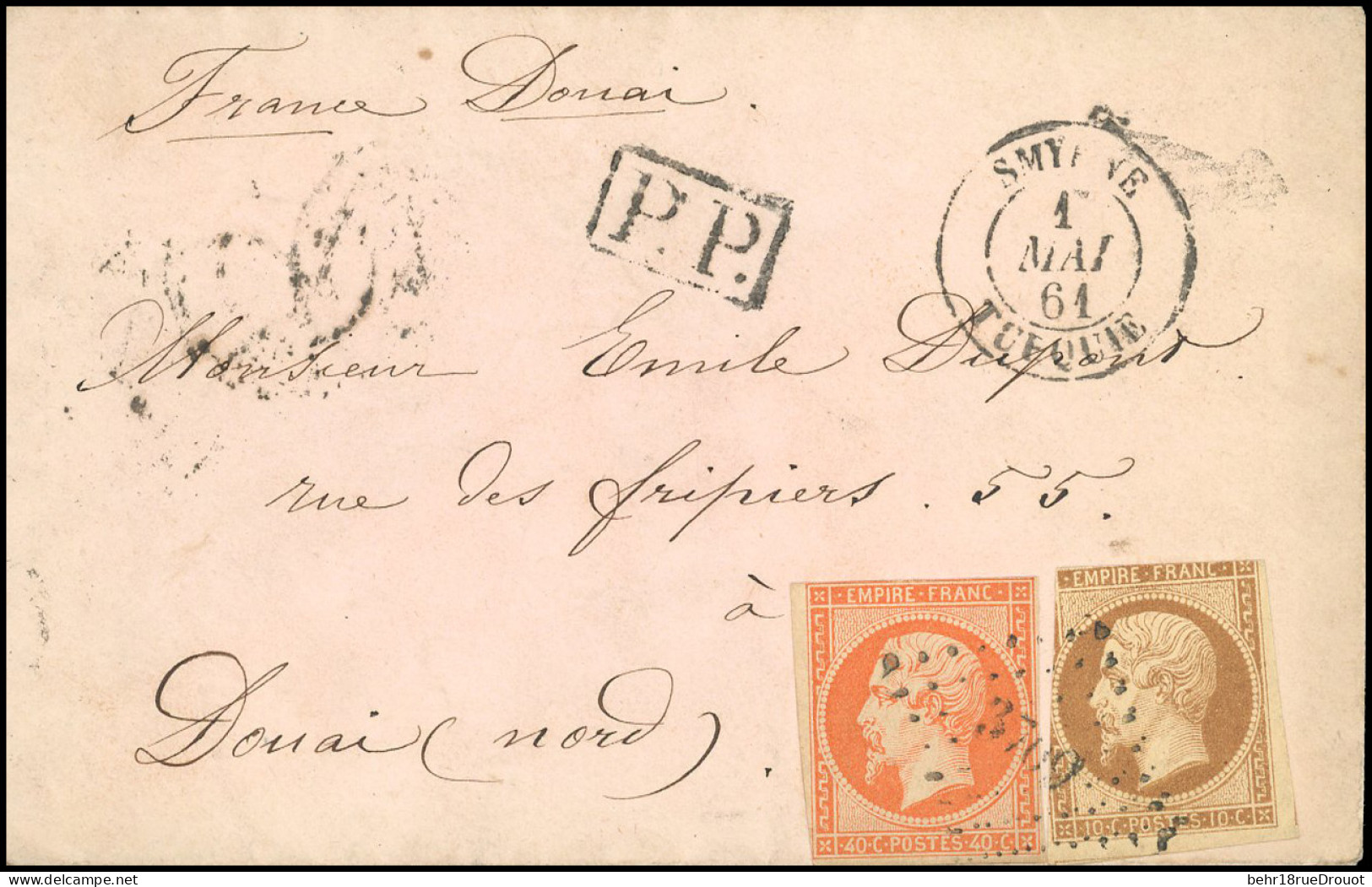 Obl. 13 + 16 - SMYRNE. 10c. + 40c. Empire Non Dentelé (déf.) Obl. PC 3709 S/lettre Frappée Du CàD De SMYRNE Du 1er Mai 1 - 1849-1876: Klassik