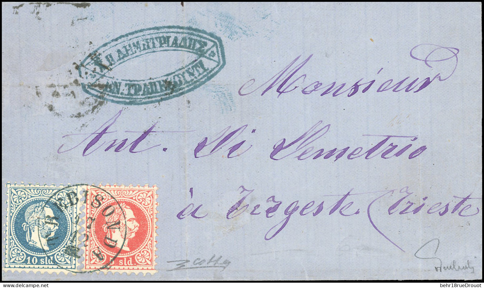 Obl. TREBIZONDE. Timbre Du Levant Autrichien à 5 Et 10 Soldi, Frappés Du CàD TREBISONDA Du 17 Décembre 1874 à Destinatio - 1849-1876: Klassieke Periode