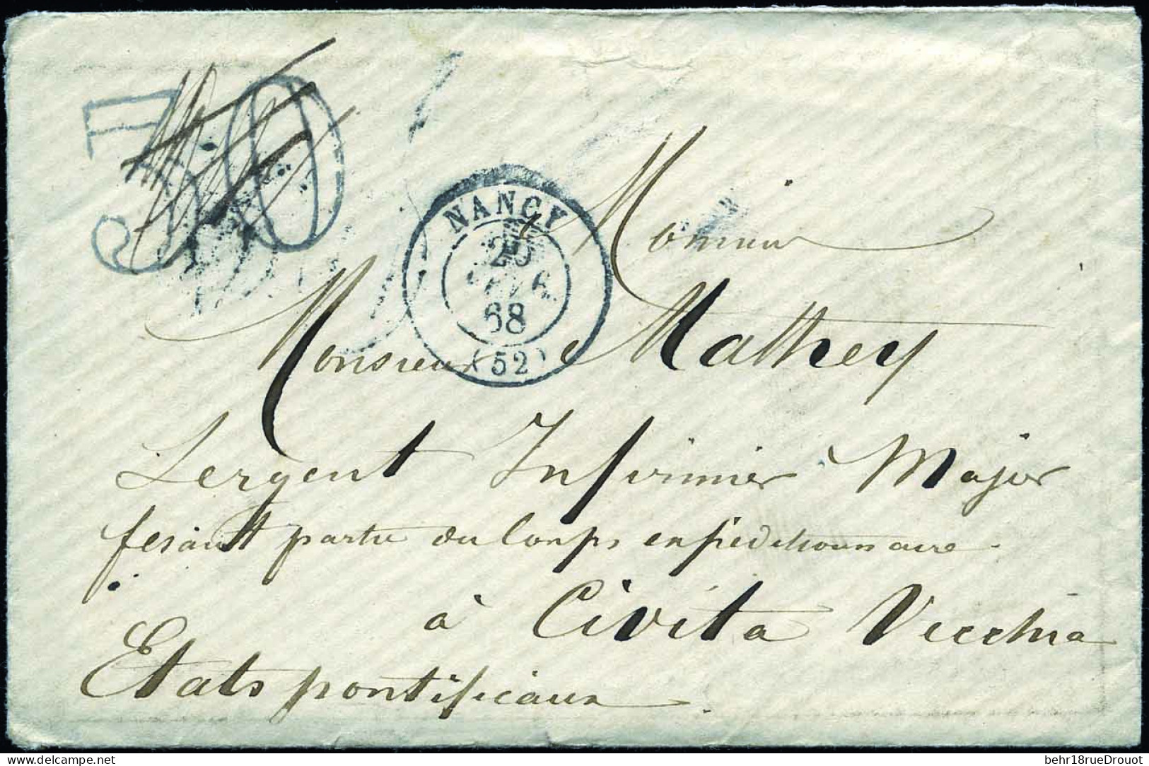 Obl. Corps Expédié 2. Rome 2. Lettre Taxée à 30d. Frappée Du CàD De NANCY Du 20 Février 1868, à Destination De CIVITA VE - 1849-1876: Classic Period