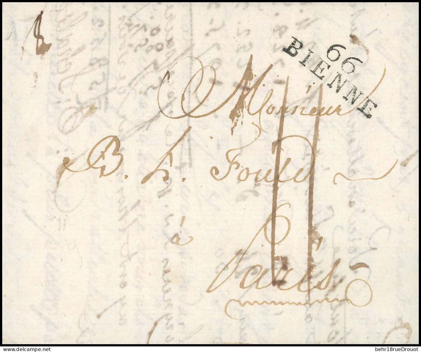 Obl. 66 BIENNE - Cursive "66 BIENNE" S/lettre Manuscrite Du 24 Janvier 1803 à Destination De PARIS. SUP. RR. - 1792-1815: Départements Conquis