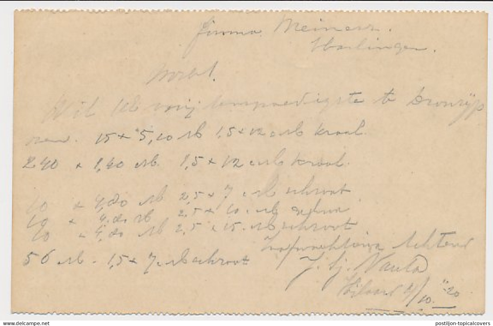 Briefkaart G. 107 B II Arum - Harlingen 1920 - Postal Stationery