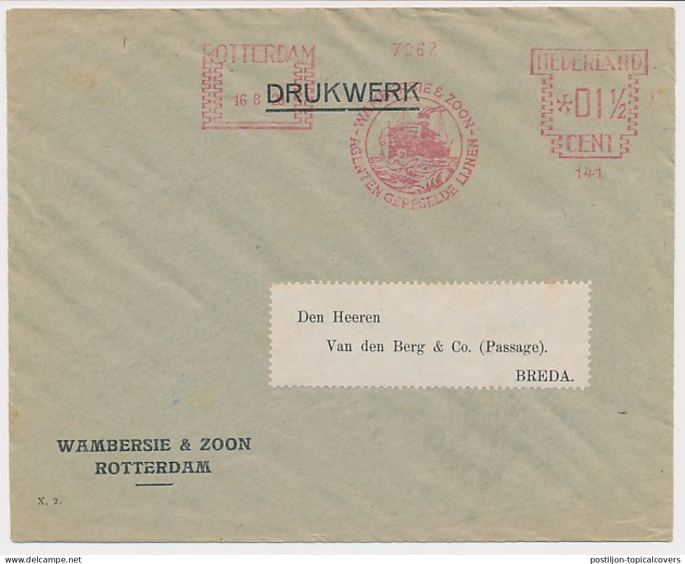 Meter Cover Netherlands 1929 Shipping Company Wambersie - Barche