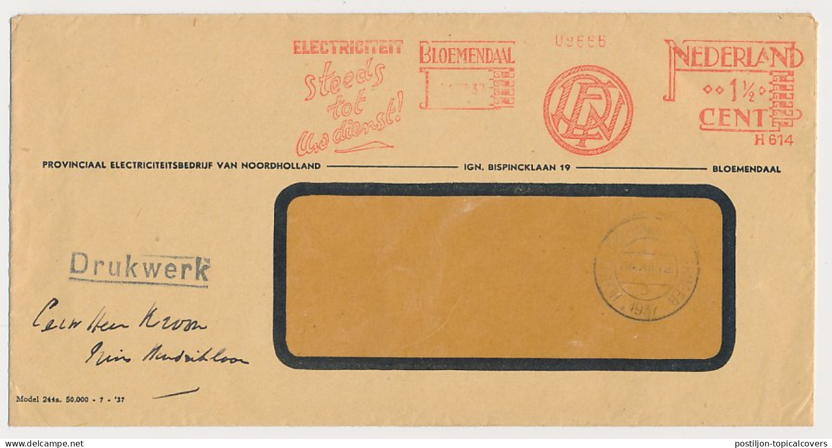 Meter Cover Netherlands 1937 Electricity - Always At Your Service ! - Bloemendaal - Elektriciteit