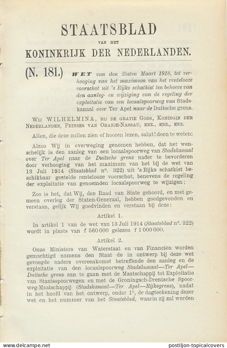 Staatsblad 1918 : Spoorlijn Stadskanaal - Ter Apel - Documents Historiques