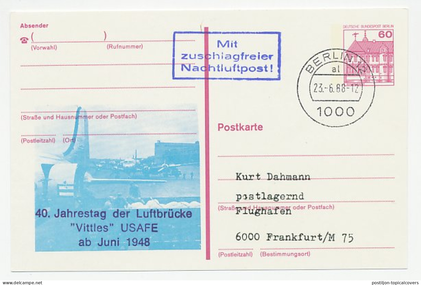 Postal Stationery Germany 1988 Airlift Berlin - Cold War - Sonstige & Ohne Zuordnung