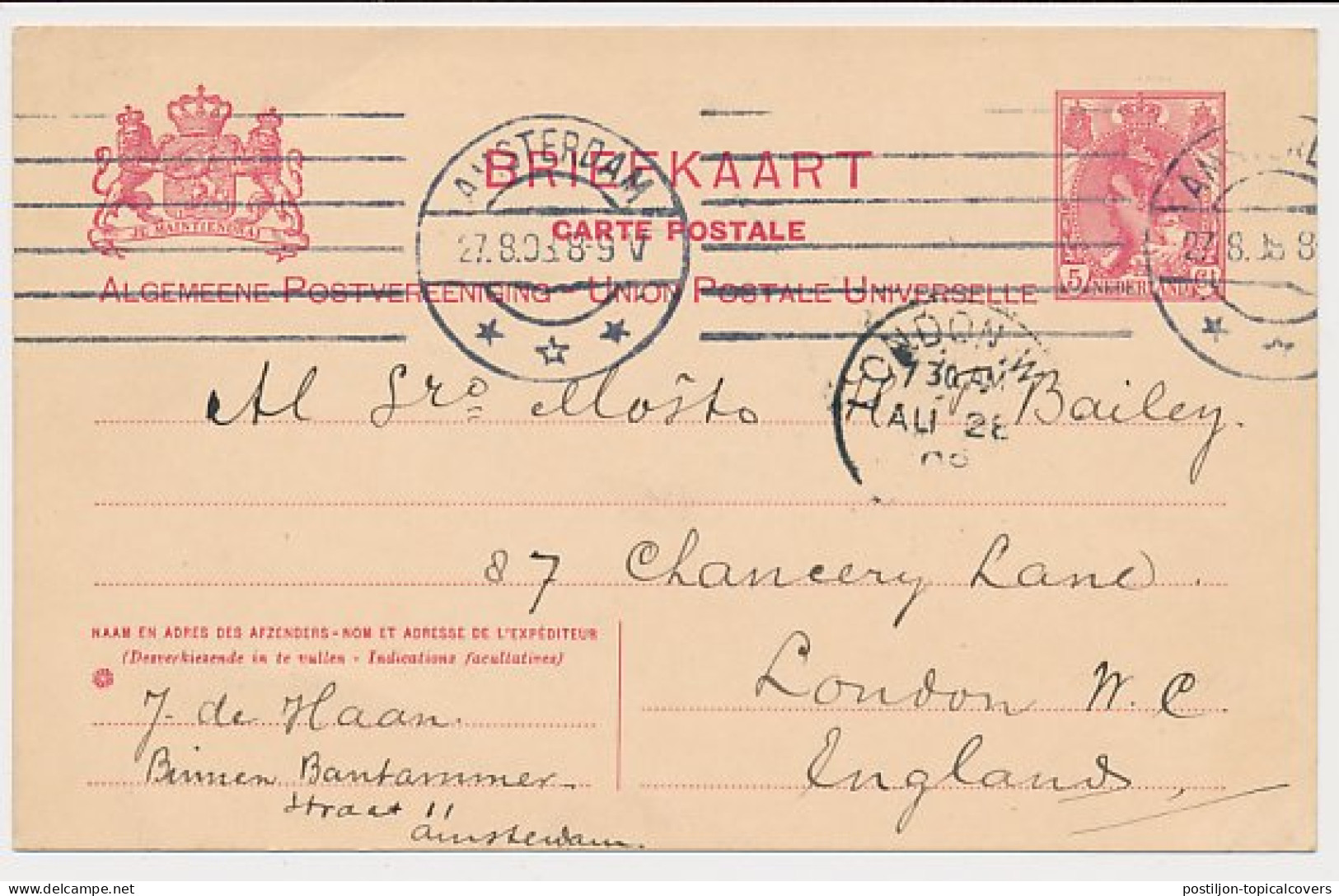 Briefkaart G. 76 Amsterdam - Londen GB / UK 1908 - Ganzsachen