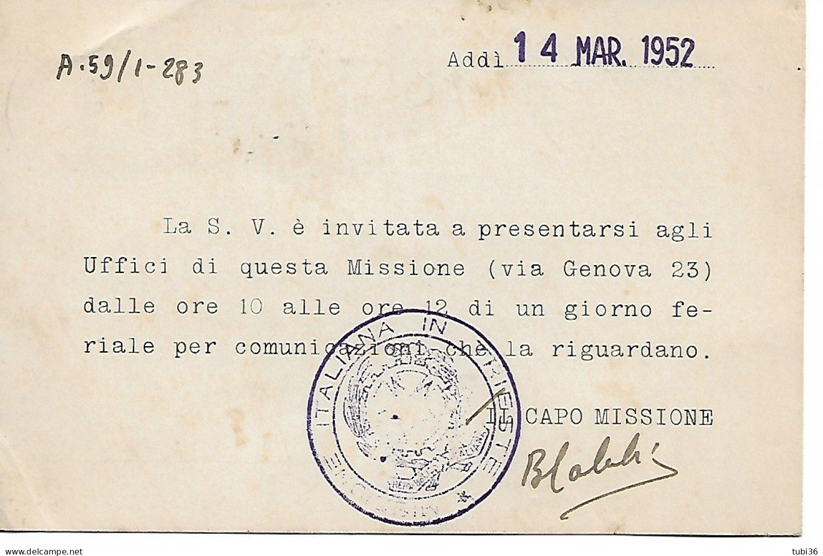 LAVORO AMG-FTT, £.10 SU CARTOLINA Viaggiata 14/3/1952,con Timbro REPUBBLICA ITALIANA "MISSIONE ITALIANA TRIESTE" STORIA - Marcofilie