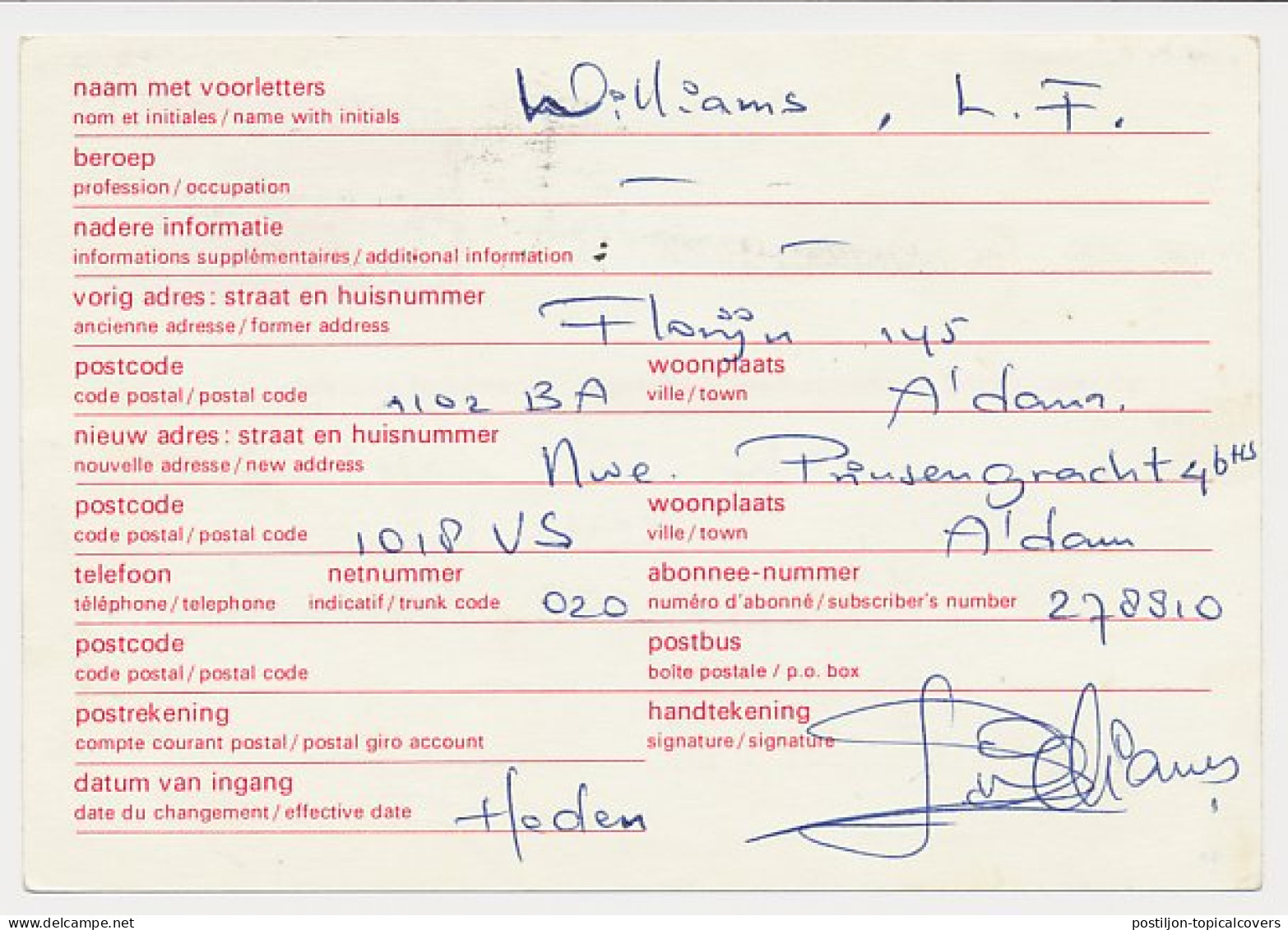 Verhuiskaart G. 44 Amsterdam - Bilthoven 1980 - Ganzsachen