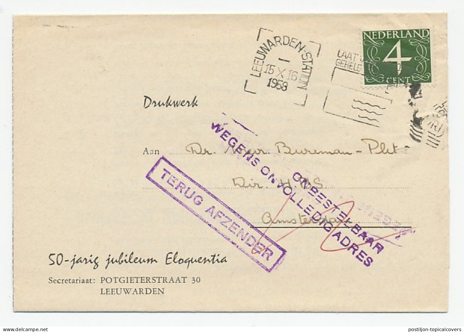 Leeuwarden - Amsterdam 1958 - Onbestelbaar - Terug Afzender - Ohne Zuordnung