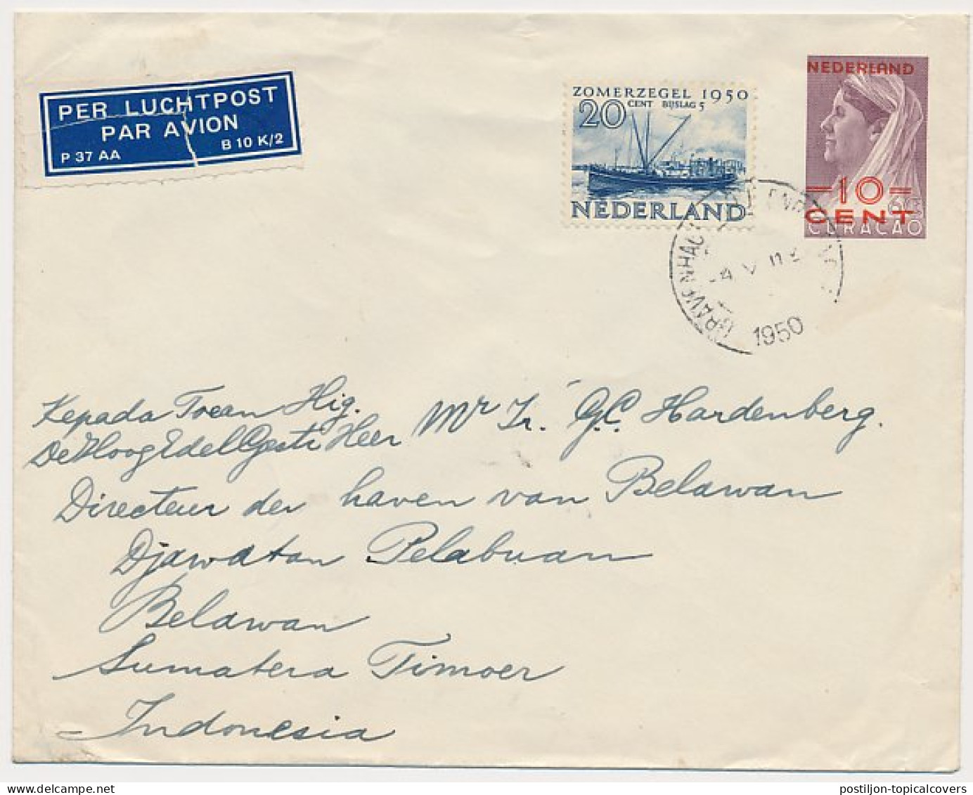 Envelop G. 31 / Bijfrankering S Gravenhage - Indonesia 1950 - Postal Stationery
