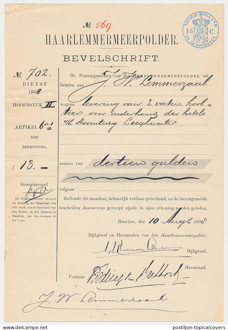 Fiscaal Stempel - Bevelschrift Haarlemmermeer Polder 1908 - Fiscaux