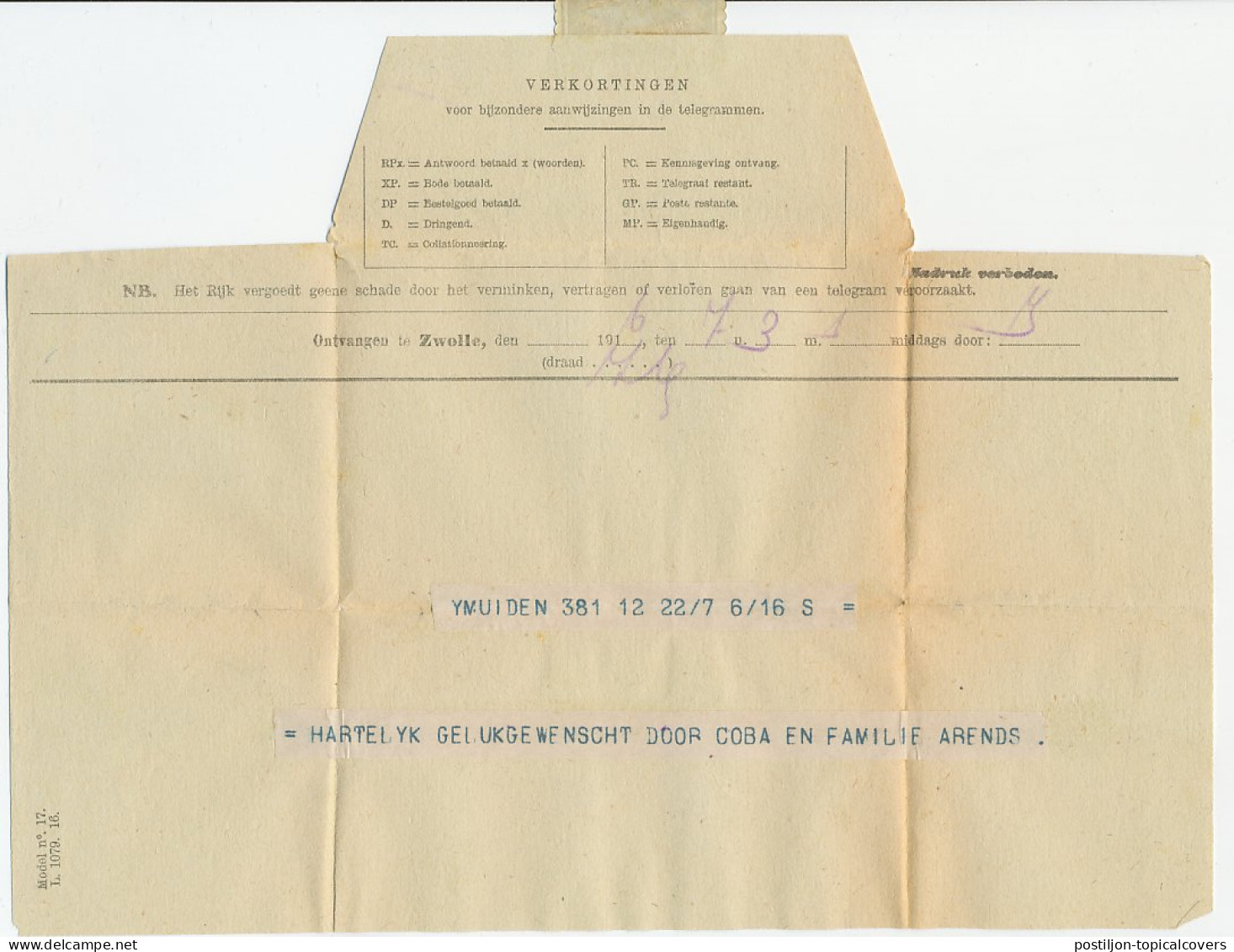 Telegram IJmuiden - Zwolle 1916 - Ohne Zuordnung