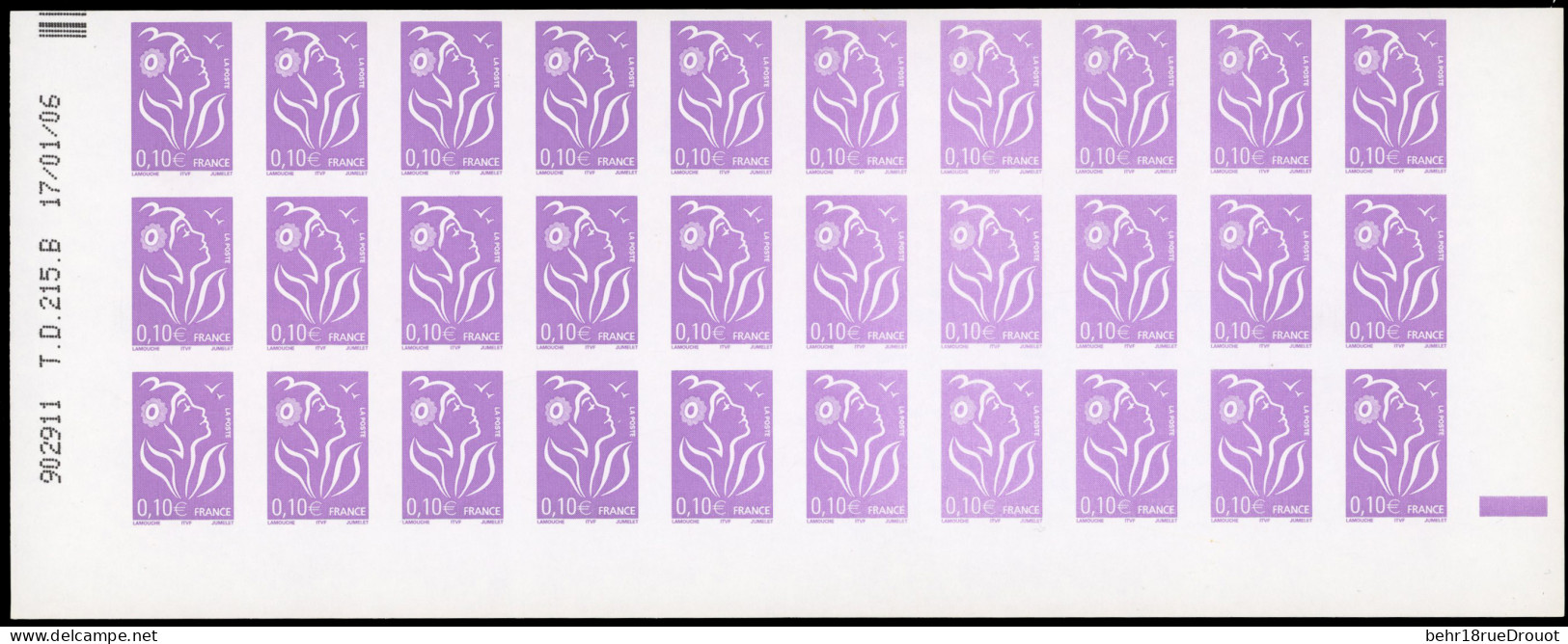 ** 3714e - Marianne De Lamouche. 0,10€. Violet-rouge. Bloc De 30 Avec Coin Daté Du 17/01/06. Variété ND Sans Phosphore. - Otros & Sin Clasificación