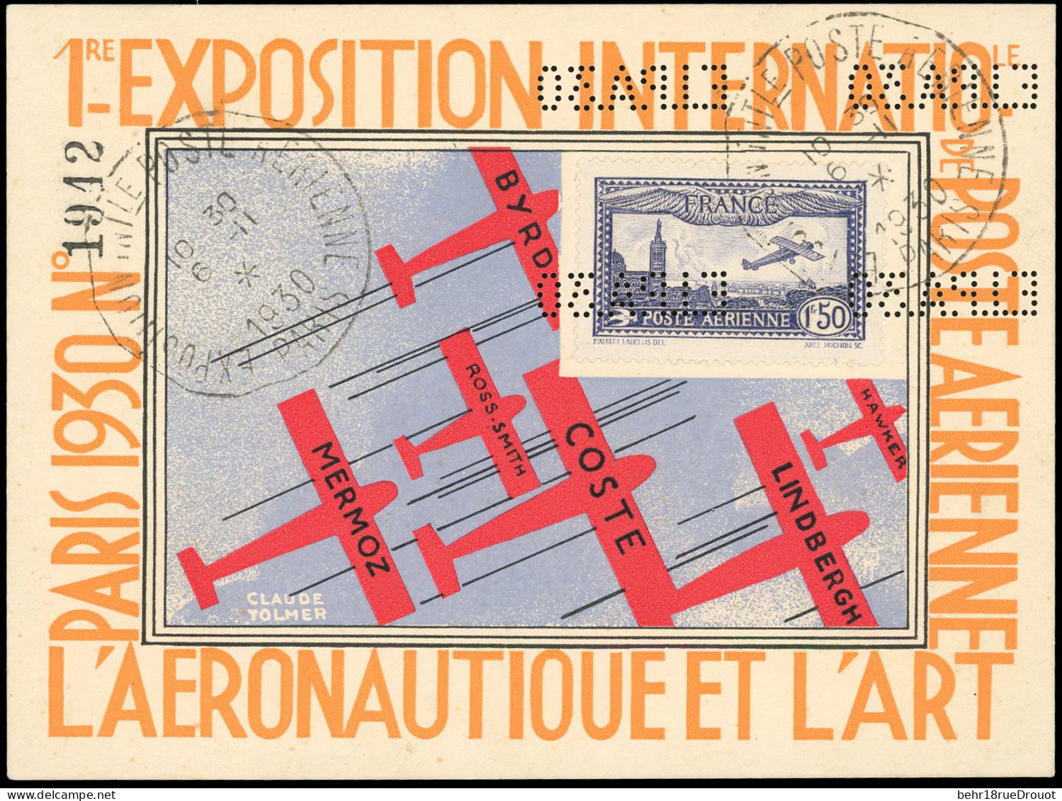 Obl. 6c - 1F.50 Outremer, Double Perforation EIPA30 Renversée, Obl. S/carte Postale Numérotée De L'exposition Avec Bordu - Other & Unclassified