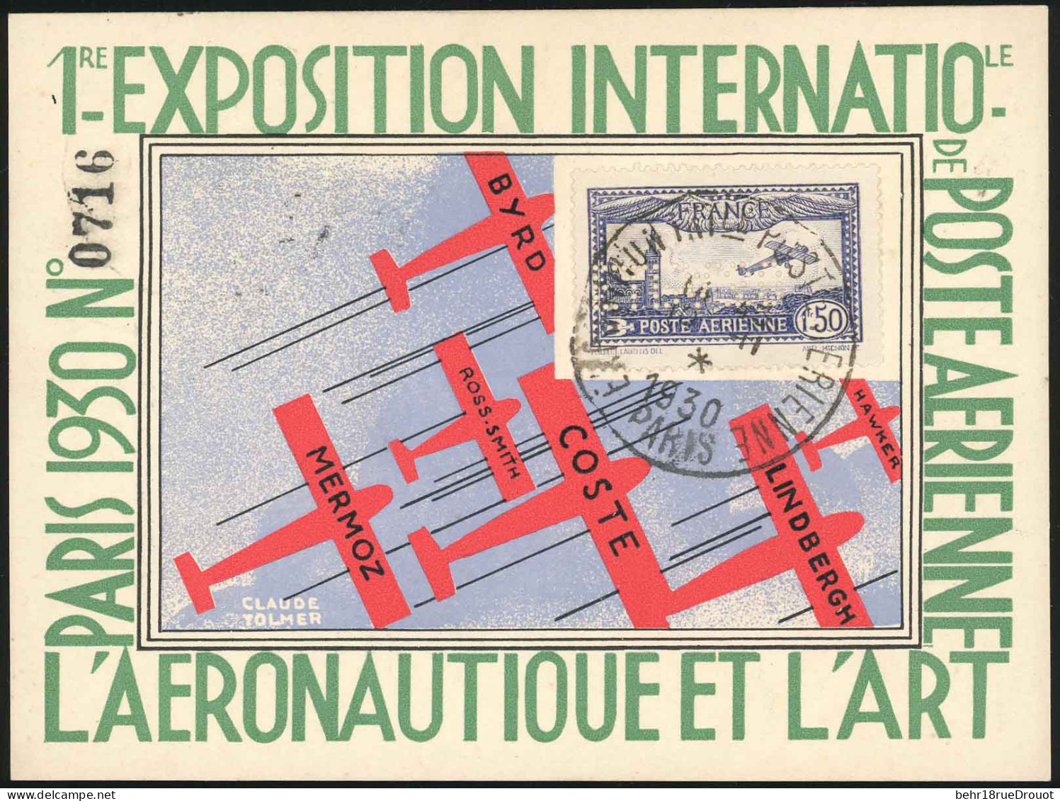 Obl. 6c - 1F.50 Outremer EIPA Obl. S/carte Postale Verte De L'exposition De PARIS Du 10 Novembre 1930. SUP. - Sonstige & Ohne Zuordnung