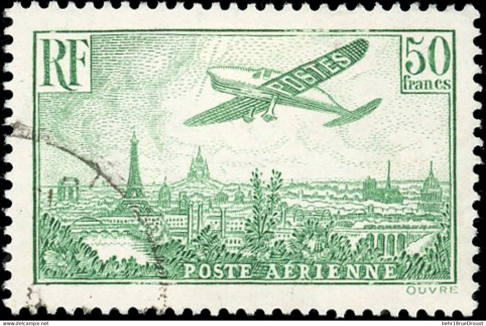 Obl. 14 - 50F. Avion Survolant Paris Vert-jaune. Obl. SUP. - Sonstige & Ohne Zuordnung