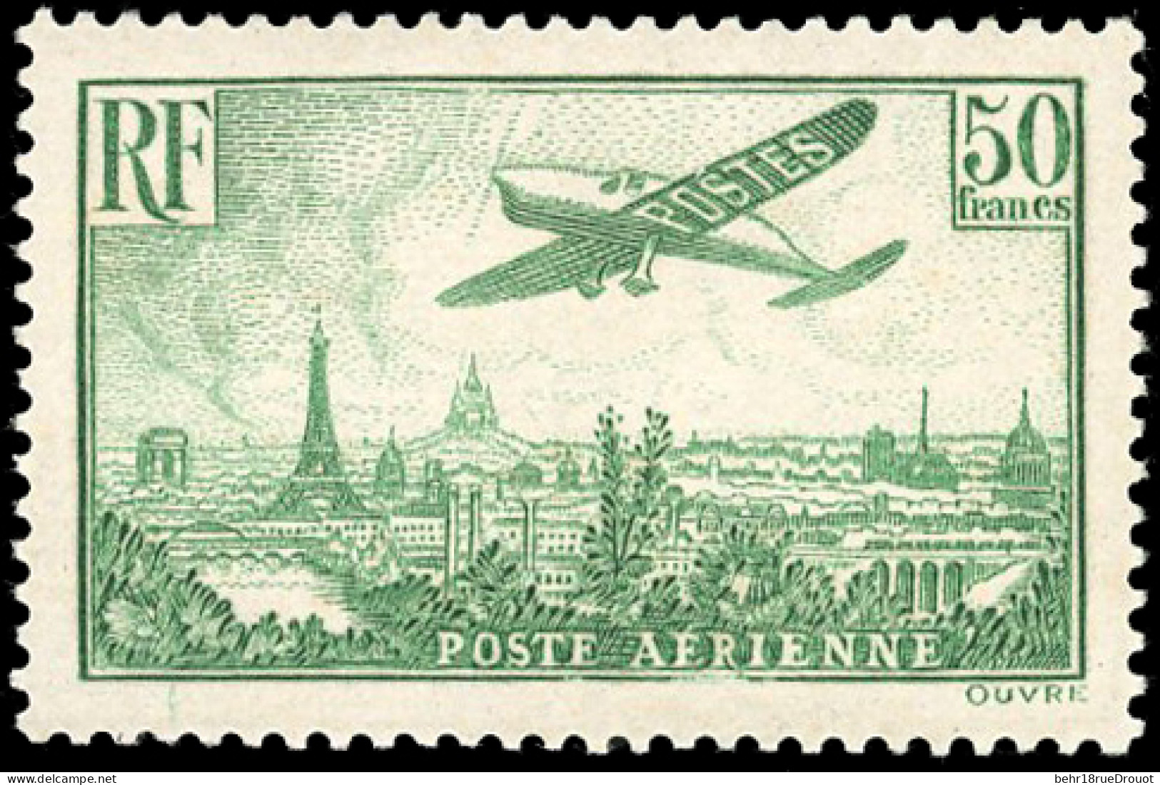 ** 14a - 50F. Avion Survolant Paris Vert. TB. - Altri & Non Classificati