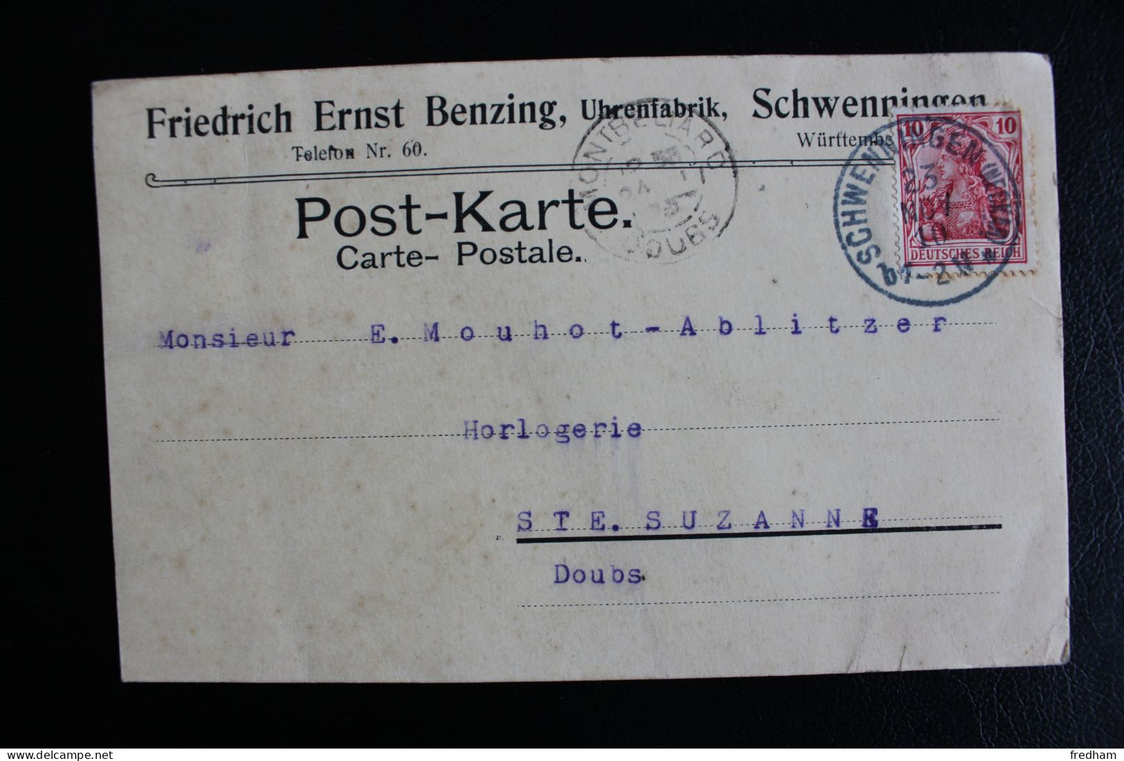 CP 23-NOV-1910 SCHWENINGEN(NECKAR) B1 2N SUR 10 PF DEUTSCHES REICH POUR STE. SUZANNE FRANCE - Briefe U. Dokumente