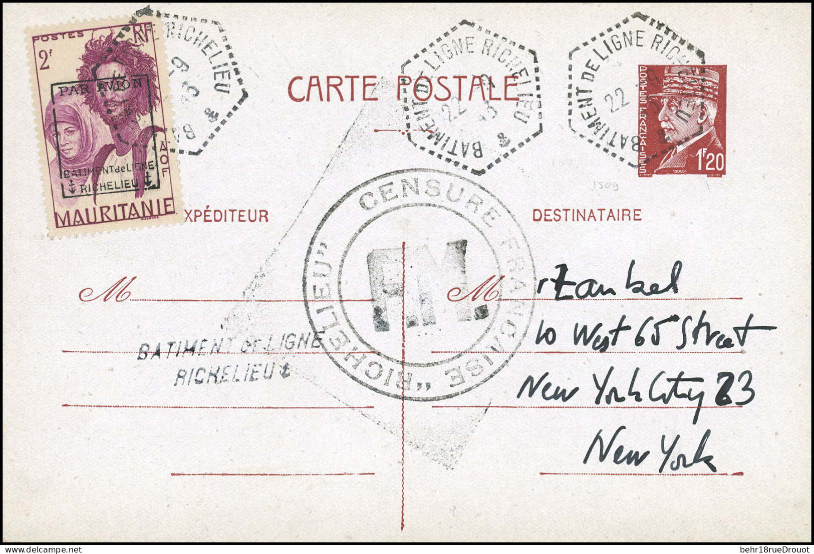 Obl. 4 - Timbre De MAURITANIE. 2F. Lilas S/carte Postale 1.20 PETAIN. Surch Bâtiment De Ligne Richelieu. Cachet De Censu - Military Airmail