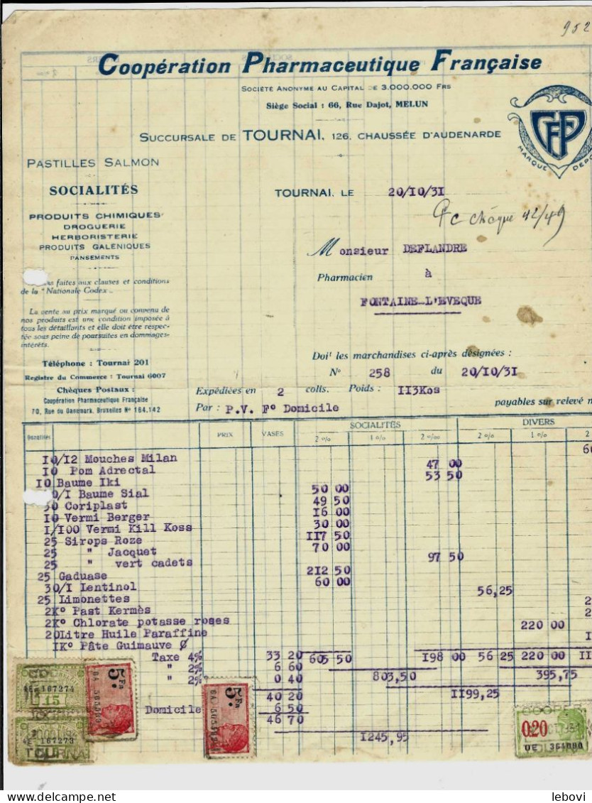 TOURNAI – Coopération Pharmaceutique Française - Facture (1931) - 1950 - ...