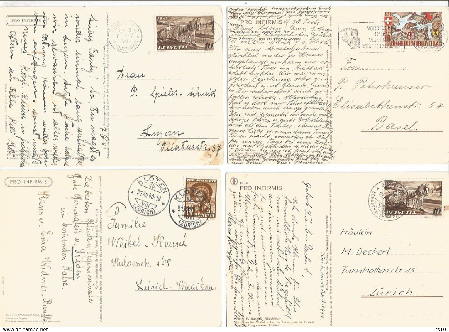 Suisse Pro Infirmis Lot #4 Pcards Used 1940/41 Bachmann Perrelet Burgen Giacomini-Picard - Marcophilie