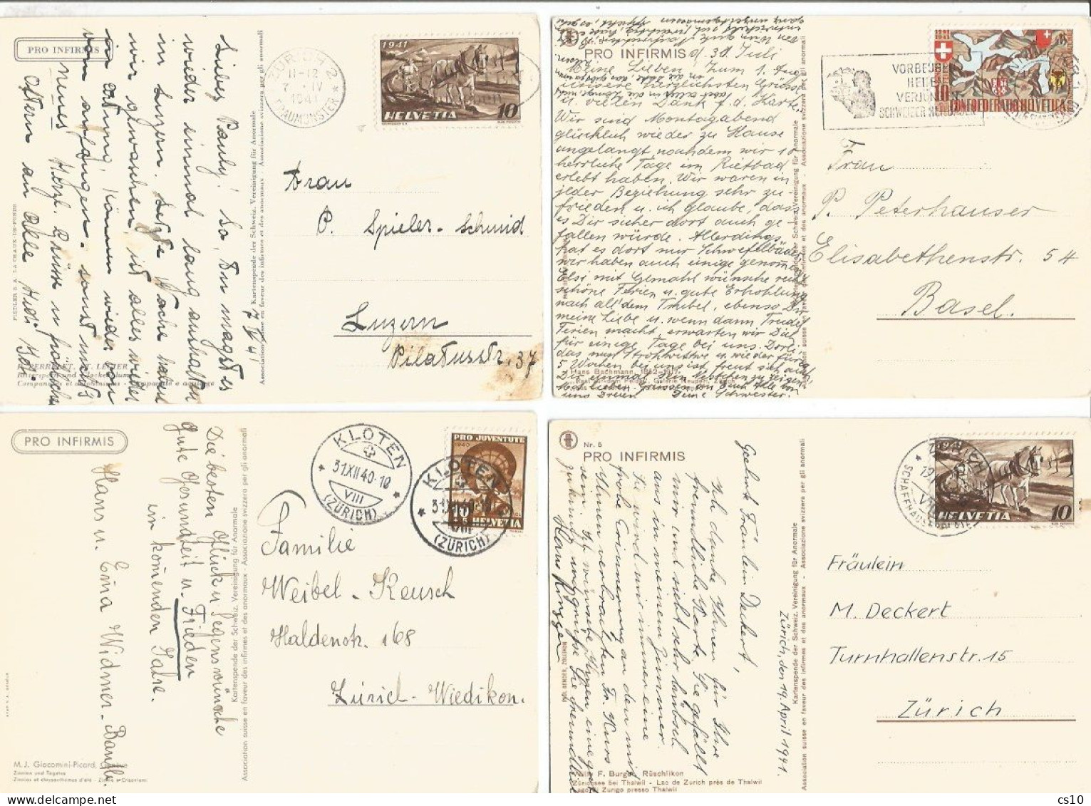 Suisse Pro Infirmis Lot #4 Pcards Used 1940/41 Bachmann Perrelet Burgen Giacomini-Picard - Lotti/Collezioni