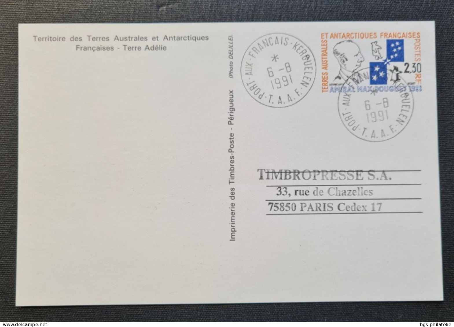 TAAF, Entier Postal Oblitéré De Kerguelen Le 6/8/1991. - Covers & Documents