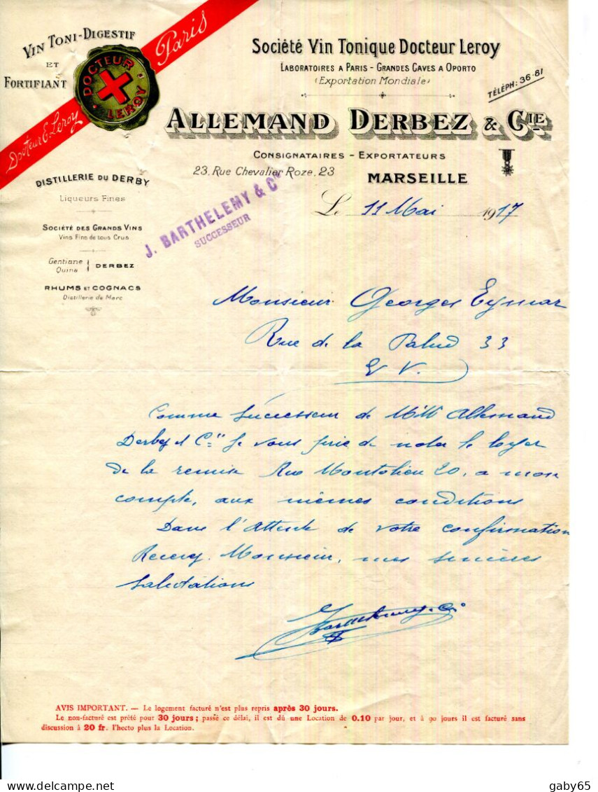 FACTURE.13.MARSEILLE.SOCIÉTÉ VIN TONIQUE DOCTEUR LEROY.ALLEMAND DERBEZ & Cie DISTILLERIE DU DERBY. - Lebensmittel