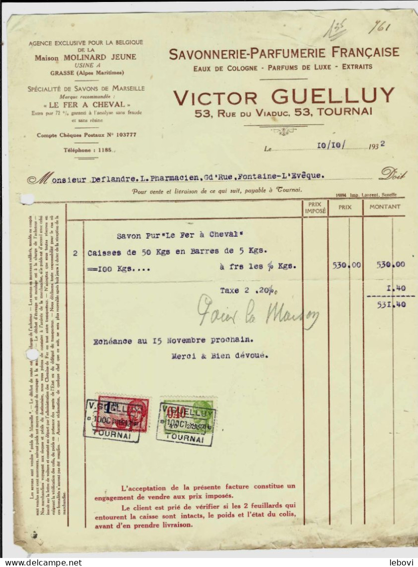 TOURNAI – Ets Victor GUELLUY – Savonnerie – Parfumerie Française - Facture (1932) - 1900 – 1949