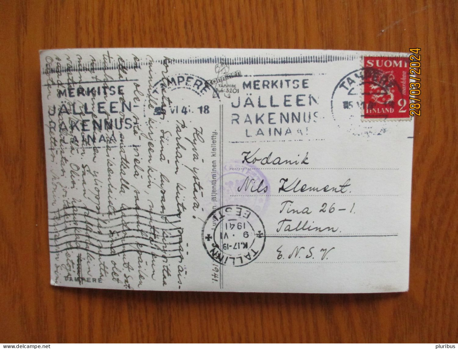 1941 RARE! FINLAND TAMPERE TO ESTONIA TALLINN USSR RUSSIA , MILITARY CENSOR    , 19-1 - Autres & Non Classés