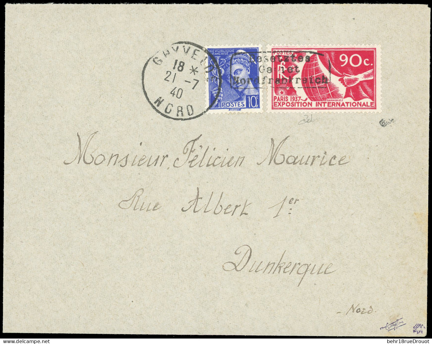 Obl. 326 + 407 - 10c. Bleu + 90c. Rouge Surcharge DUNKERQUE Obl. S/lettre Frappée Du CàD De GHYVELDE Du 21 Juillet 1940  - War Stamps