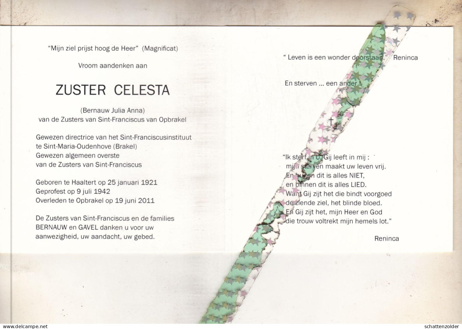 Zuster Celesta (Julia Anna Bernauw); Sint-Maria-Oudenhove 1921, Opbrakel 2011. Foto - Obituary Notices