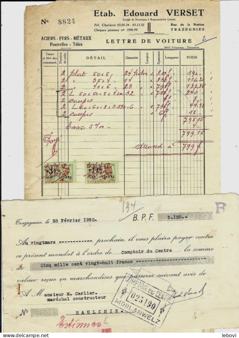 TRAZEGNIES – Ets Edouard VERSET – Aciers, Fers Et Métaux – Lot De 2 Factures + 1 Lettre De Change (1949/1958) - 1950 - ...