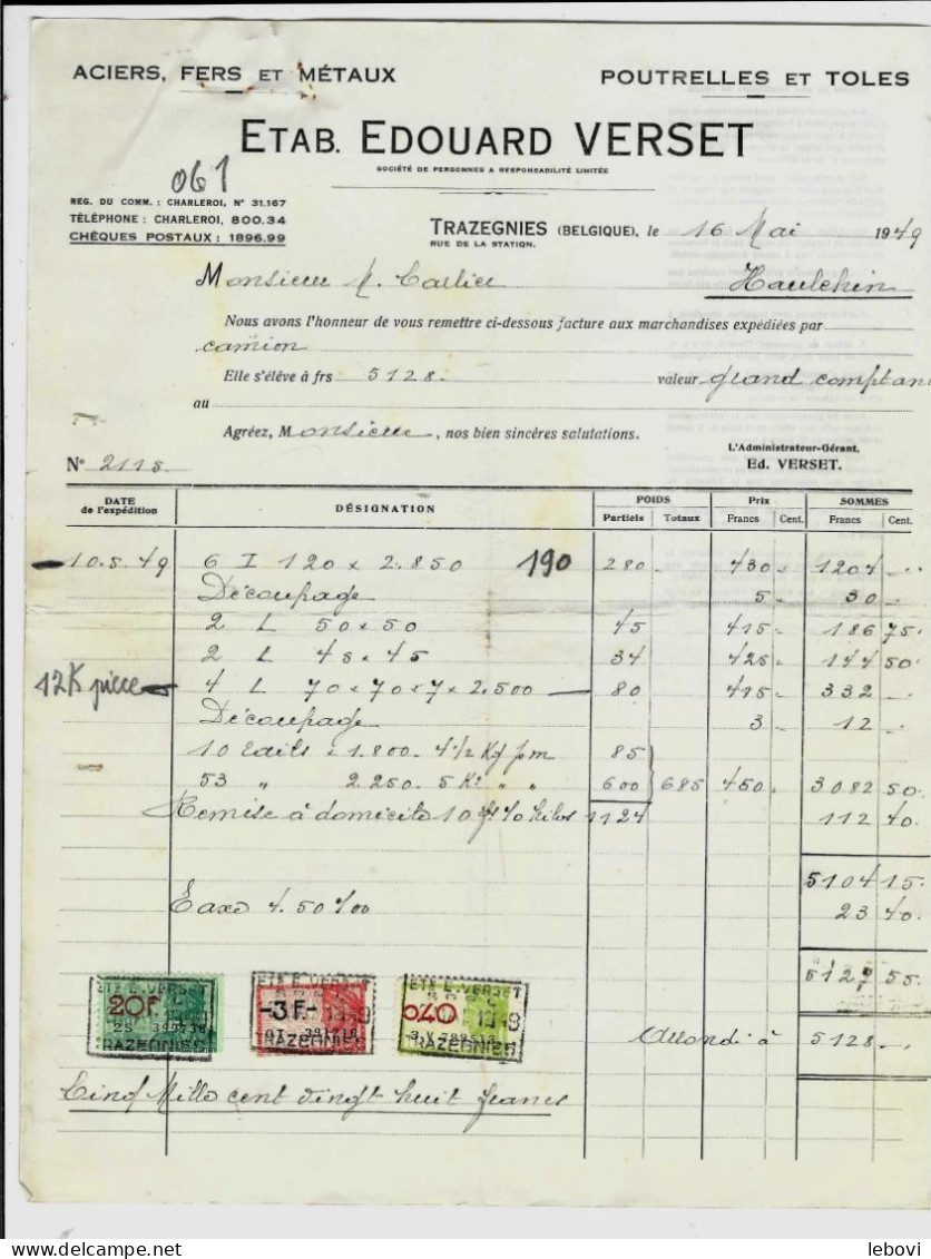 TRAZEGNIES – Ets Edouard VERSET – Aciers, Fers Et Métaux – Lot De 2 Factures + 1 Lettre De Change (1949/1958) - 1950 - ...