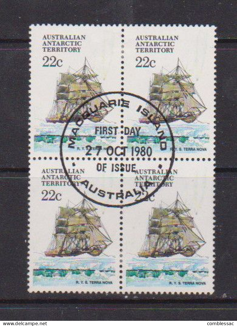 AUSTRALIAN  ANTARCTIC  TERRITORY    1980  Ships  22c  Block  Of  4  Post Marked  Firct  Day  Of  Issue  27th Oct  1980 - Used Stamps