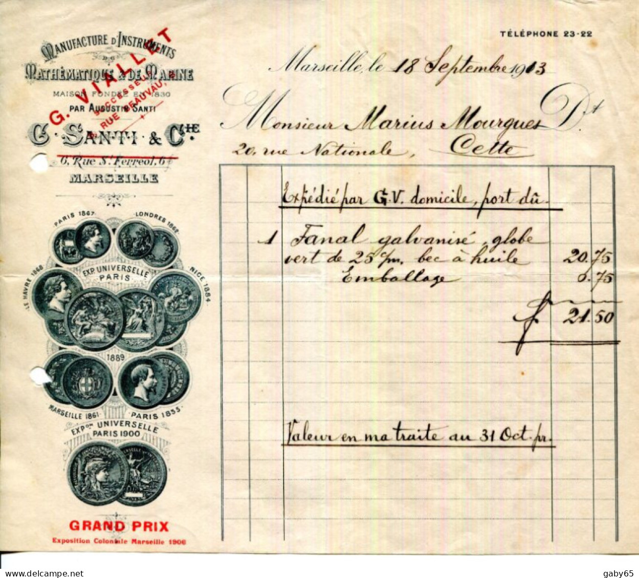 FACTURE.13.MARSEILLE.MANUFACTURE D'INSTRUMENTS DE MATHÉMATIQUE & DE MARINE.G.SANTI & Cie.6 RUE SAINT FÉRREOL. - Autres & Non Classés