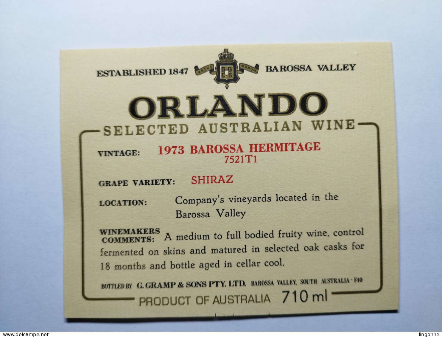 1973 Etiquette AUSTRALIA ORLANDO SHIRAZ BAROSSA HERMITAGE SELECTED AUSTRALIAN WINE BAROSSA VALLEY - Otros & Sin Clasificación