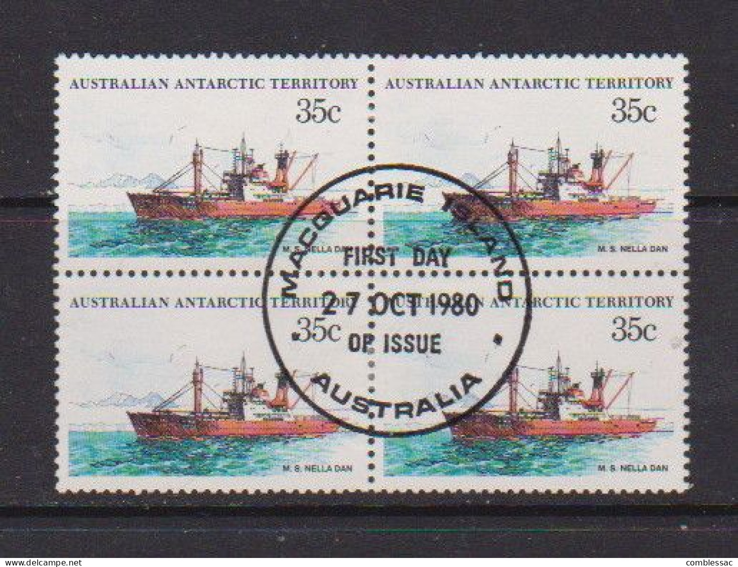 AUSTRALIAN  ANTARCTIC  TERRITORY    1980  Ships  35c  Block  Of  4  Post Marked  Firct  Day  Of  Issue  27th Oct  1980 - Gebruikt