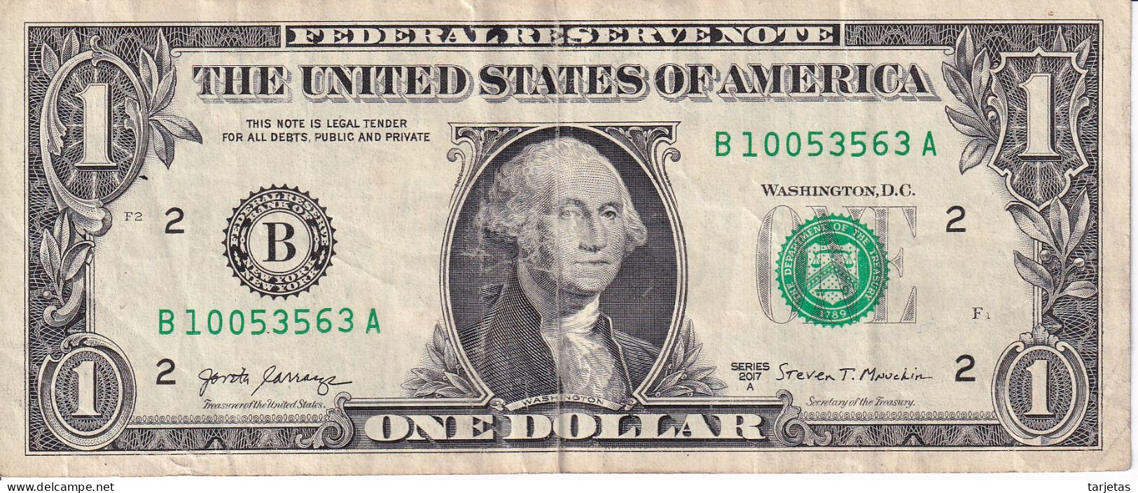 BILLETE DE ESTADOS UNIDOS DE 1 DOLLAR DEL AÑO 2017 LETRA B - NEW YORK  (BANK NOTE) - Billetes De La Reserva Federal (1928-...)