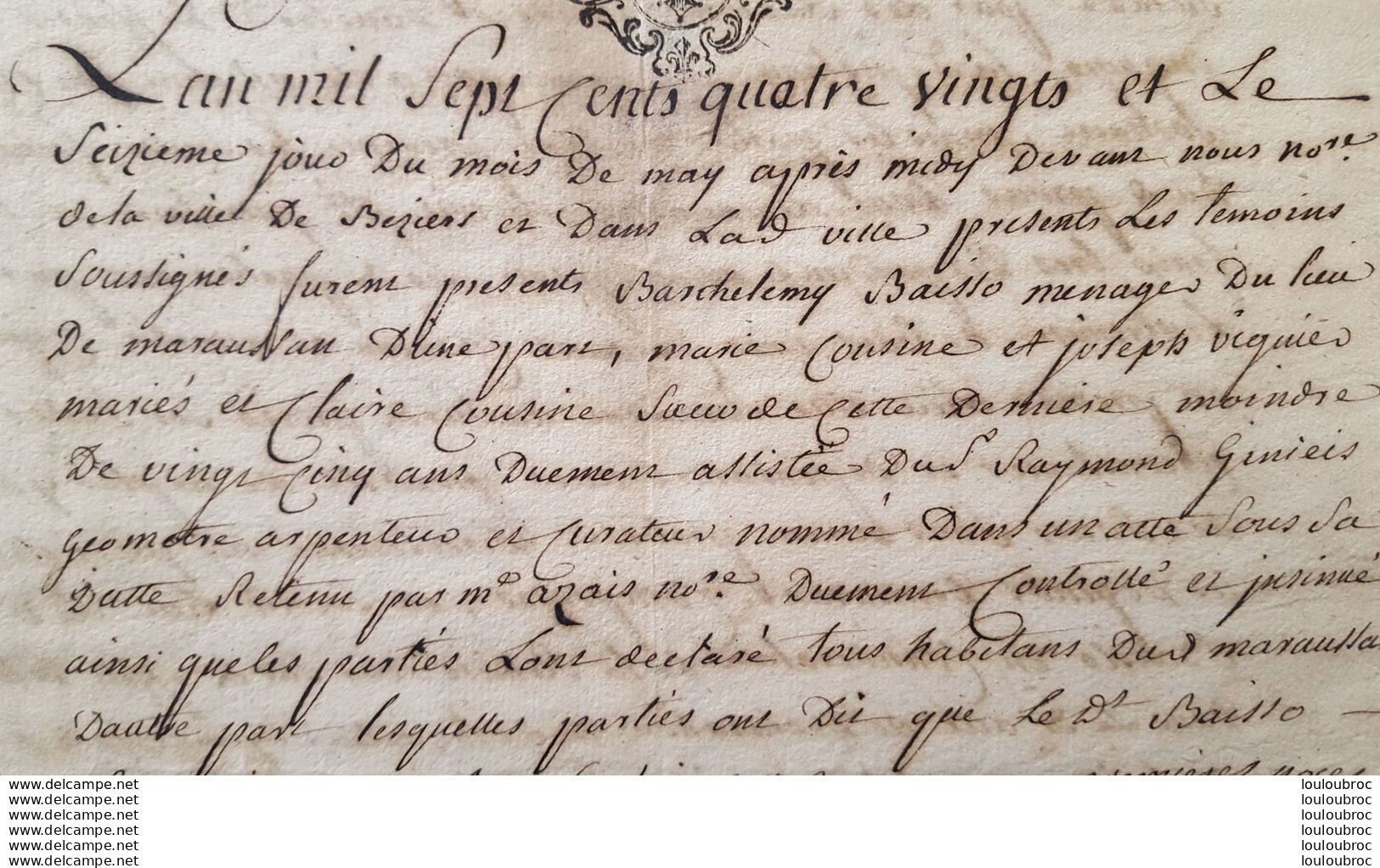 GENERALITE MONTPELLIER 1780 BARTHELEMY BAISSO  ET MARIE ET CLAIRE COUSINE - Timbri Generalità