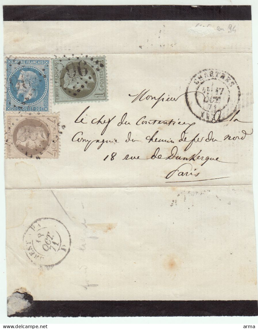 Septembre 1871- Chartres 27 Oct 71 Combinaison Avec  3 Laures : 1c + 4c + 20c   Sans Correspondance - 1863-1870 Napoléon III. Laure