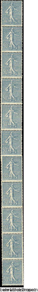 ** 7 - 50c. Semeuse Lignée Bleu. Bande Verticale De 11 Reconstituée (6 + 5). TB. - Coil Stamps