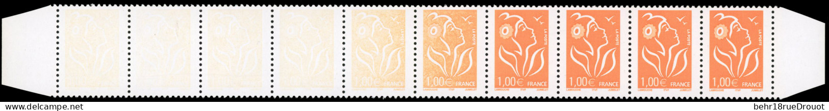 ** 3721 - Marianne De Lamouche. 1€. Orange. Bande De 10 Correspondant à La Largeur De La Planche D'impression. Impressi - Rollo De Sellos