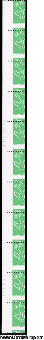 ** 3957b - Marianne De Lamouche. Vert. Roulette De 11 Timbres Sans N° Noir Au Verso. Variété Piquage à Cheval Horizontal - Rollo De Sellos