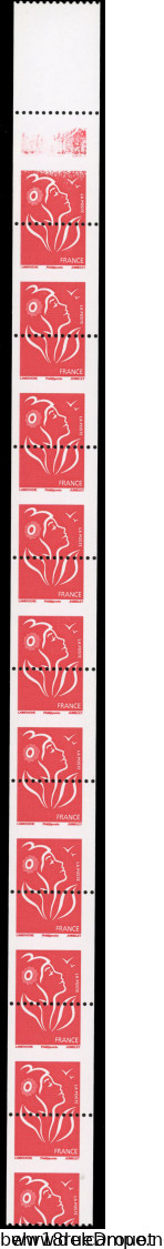 ** 3958d - Marianne De Lamouche. 20g. Rouge. Roulette De 11 Timbres Avec N° Noir Au Verso. Variété Piquage à Cheval Vert - Rollo De Sellos