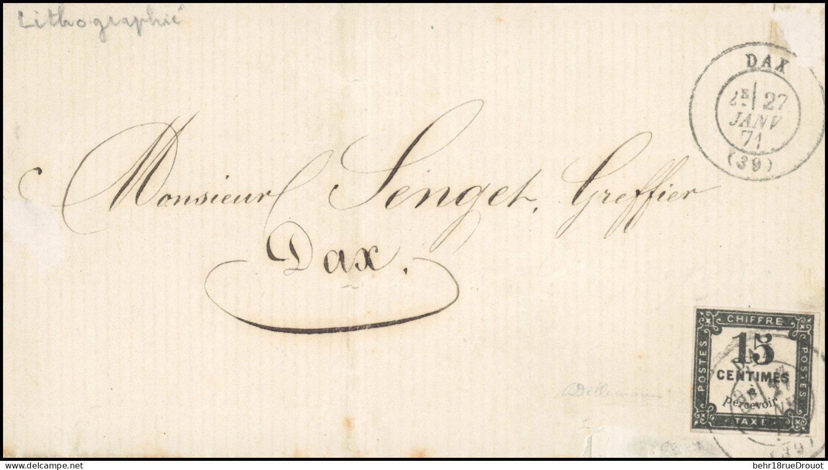 Obl. 4 - 15c. Noir Obl. S/lettre Locale Frappée Du CàD De DAX Du 27 Janvier 1871. SUP. - Other & Unclassified