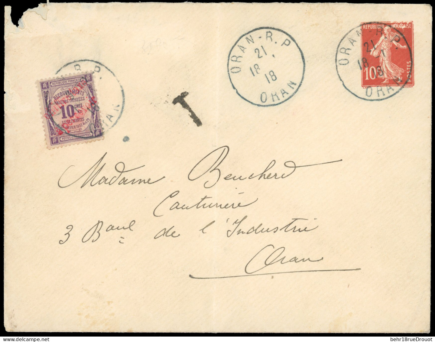 Obl. 1 - Timbres-Taxe. 10c. Surch. Carmin, Obl. CàD D'ORAN Du 18/--/18 S/lettre Locale Affranchie à L'aide D'un 10c. Sem - Other & Unclassified