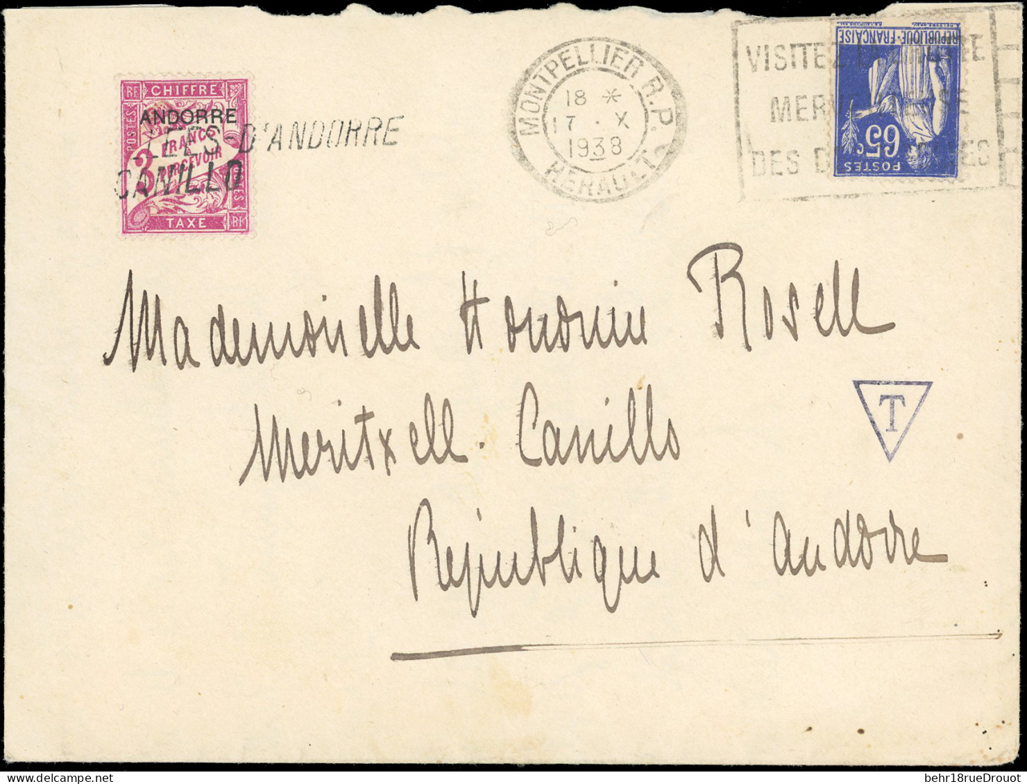 Obl. FRANCE 365 - Timbre De France N°365 S/lettre Frappée Du CàD De MONTPELLIER Du 17 Octobre 1938 à Destination De MERI - Other & Unclassified