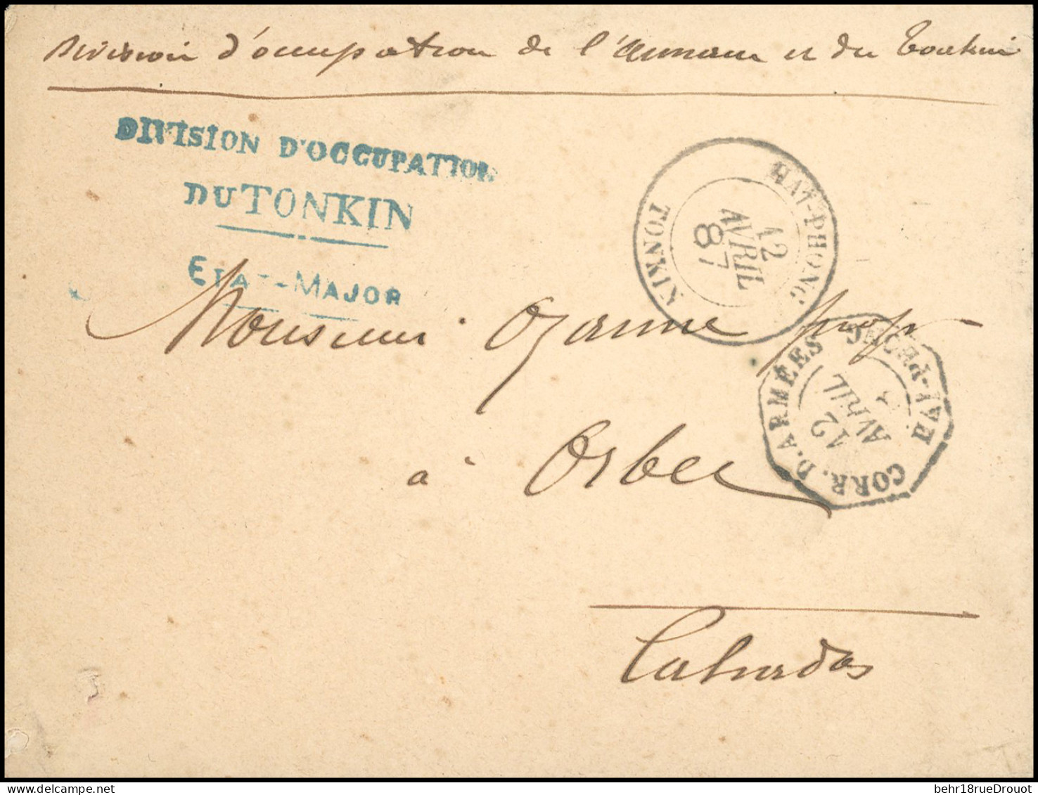 Obl. Lettre Frappée Du CàD Octogonal CORR. D'ARMEES HAI-PONG Du 12 Avril 1887, Du CàD Rond D'HAIP-PHONG - TONKIN Du Même - Autres & Non Classés