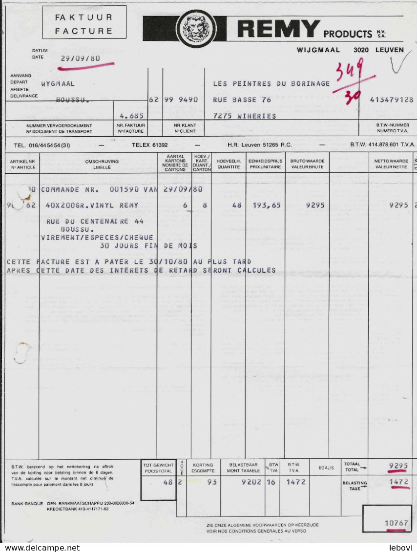 WIJGMAAL – Ets REMY - Facture (1980) - 1950 - ...